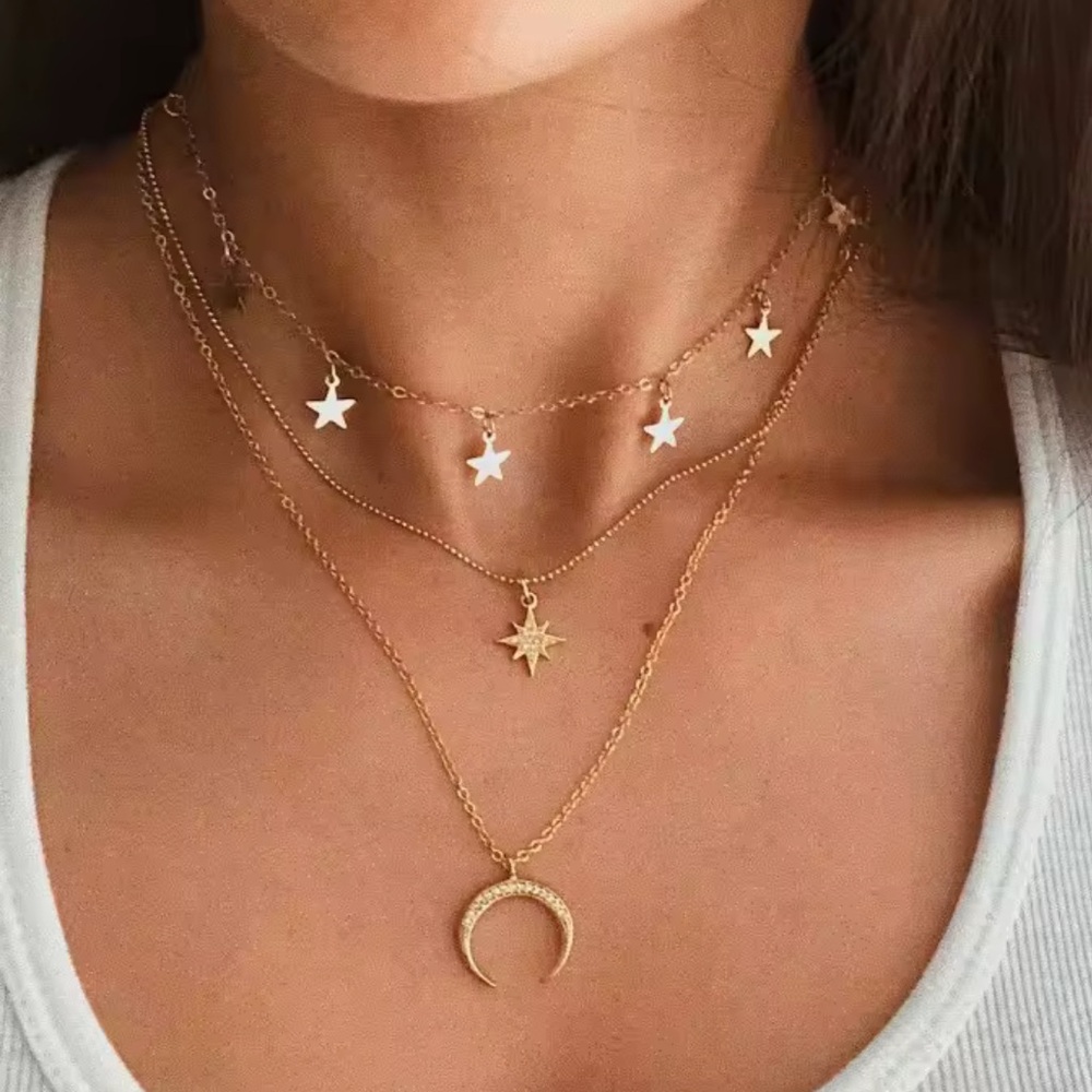Gold Celestial Layered Necklace with Star and Moon Charms